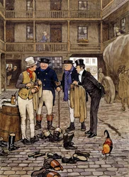 サム・ウィラーと出会うピックウィック・クラブのメンバー チャールズ・ディケンズ（1812-1870）の作品を英国流に描いたイラスト。1837年 個人蔵