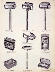 国産品および付属品の貿易カタログからの男性用シェービング器具、c.1890-1910