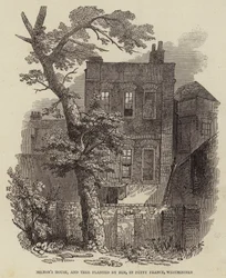 ウェストミンスターの小フランスにあるミルトンの家と彼が植えた木(エングレーヴィング)