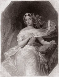 Miranda (The Tempest - La Tempete) in - "Galerie des femmes de Shakespeare, collection of 45 serious portraits by first artists of London, enriched with critical and literary notices" around 1838 - from "Gallery of the women of the Shakespeare",