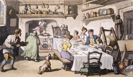 Burchells氏の最初の訪問、パブ。アッカーマン美術館、ロンドン、1817年（手描きの彫刻）