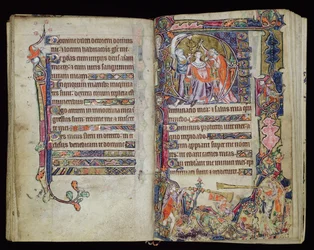 Ms 1-2005、ff.38v-39r：ダビデの油注ぎ、Macclesfield Psalterからの歴史的Dイニシャル、イーストアングリアの使用、1330年頃