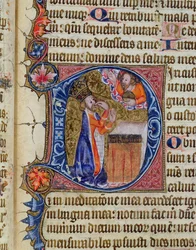 Ms 26 f.22r。詩篇38、ダビデが口を指している、ラムジー修道院詩篇、1380年頃