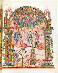 Ms 274（Y-6）fol.33羊飼いへの受胎告知とエジプトへの逃避、ジュミエージュのロバートのミサ、c.1016