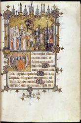 Ms 38-1950、f.29r：ゴリアテスを運ぶ行列の先頭にいるダビデは、Bohun Psalterから、c.1370
