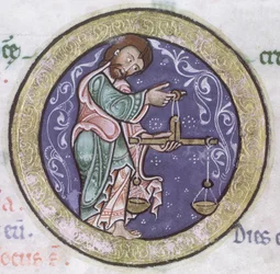 Ms Hunter 229 f.5r Libra、Hunterian Psalter、1170年頃（ベラムにペンとインク、テンペラ）（詳細）
