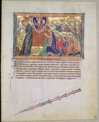 Ms LA 139-Lisboa fol.28トランペットを吹く7人目の天使と神を崇拝する24人の長老たち、グルベンキアンの黙示録、c.1265-70