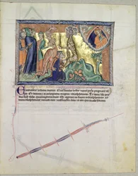 Ms LA 139-Lisboa fol.36グルベンキアンの黙示録、c.1265-70から、赤いドラゴンの前で人々が海の獣を崇拝するのを見ている主