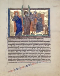 Ms LA 139-Lisboa fol.59聖ヨハネ福音伝道者をグルベンキアの黙示録からバビロンの娼婦に導いた天使、c.1265-70