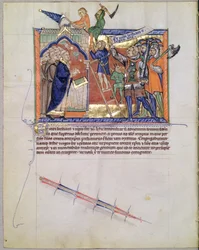 Ms LA 139-リスボアfol.66グルベンキアンの黙示録、c.1265-70から、信者を攻撃する人々に対して軍を率いる神の戦士