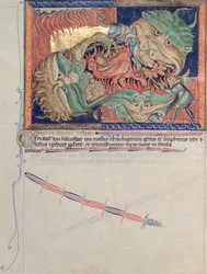 Ms LA 139-Lisboa fol.71グルベンキアンの黙示録からの赤いドラゴン、海の獣、地球の獣を飲み込んだ地獄の顎、1265-70年頃