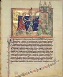Ms LA 139-Lisboa fol.74新しいエルサレムを伝道者の聖ヨハネに見せた天使、グベンキアンの黙示録、c.1265-70