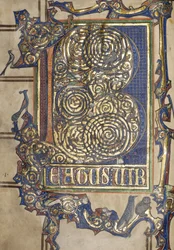 Ms. New Coll 358、frontispiece、Psalter、St。Alban&39;s（ペン＆インク、ベラムに金）