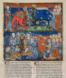 Ms R.16.2 f.14b 三位一体の黙示録より、7つの頭を持つ獣の殺害、アングロ・ノルマン、1250年頃（ヴェラム）