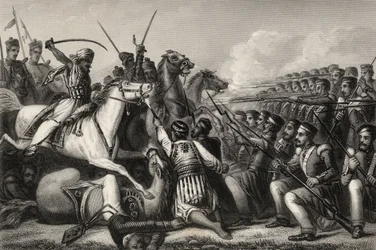 1857年に発行された「インディアン反乱の歴史」からの1857年のカウンポアの戦いで歩兵広場を攻撃する反逆騎兵
