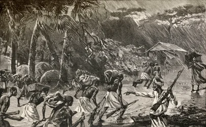 1886年から1889年にかけて、ヘンリー・モートン・スタンリー卿のエミン・パシャ救援アフリカ遠征に参加した先住民のポーターたち。