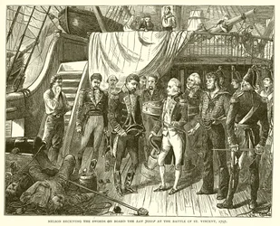 1797年のセントビンセントの戦いでサンジョセフの剣を受け取ったネルソン