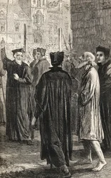 ニコラス・リドリーが処刑に向かう途中、1865年頃（木の彫刻）