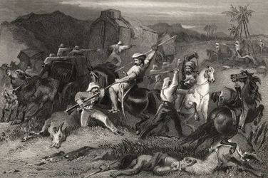 1858年に発行された「インディアン反乱の歴史」からの夜の出撃と手荷物ワゴンへの攻撃