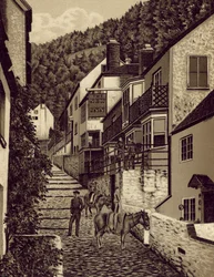 ノース・デヴォン：クローヴリー、メイン・ストリート（リトグラフ）