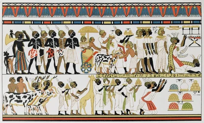 エジプトの王にプレゼントをもたらすヌビアの首長、テベスの墓からの古代エジプトの壁画のコピー、紀元前1380年頃、フリードリッヒラッツェル教授による人類の歴史、第III巻、1898年