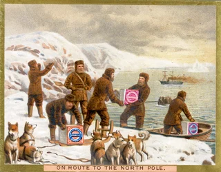 ノースポールへのルート、ハントリー＆パーマーズビスケットのプロモーションカード、1890年頃