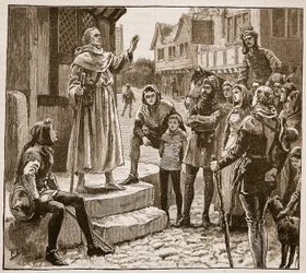 ウィリアムズの貧しい司祭の一人が人々に説教をしている、イングランドのカッセルズイラストレイテッドヒストリーのイラスト（セピア写真）
