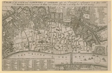 1666年の恐ろしい大火の後のロンドンの都市と自由の計画