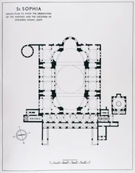 イスタンブールのハギアソフィアのモザイクからトーマス・ホイットモアのナルテクスの方向と描写されたモザイク単位を示す計画