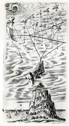 飛行機、月の男の口絵からの図、またはフランシス・ゴドウィン（1562-1633）の迅速な使者であるドミンゴゴンサレスによる旅の談話
