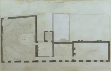 王立研究所による取得後の家の最初の改造後の21 Albemarle Streetの1階の計画、c.1800（紙と鉛筆）