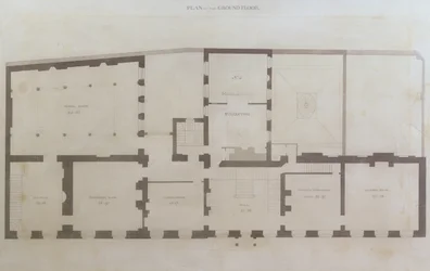 王立研究所による取得後の家の最初の改造後の21 Albemarle Streetの1階の計画、1800年頃（紙に鉛筆とトイレ）