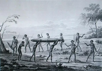 ニューホランド州ポート・ジャクソンアボリジニーの埋葬式。1825年に出版されたLerouge and Villereyによる「Voyage Autour du Monde sur les Corvettes de L