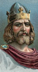 アルフレッド・ザ・グレート（Alfred the Great, 849-899）の肖像 ウェセックスの王、西暦800年代 - シリーズ「人間のリーダー」より - クロモリトグラフ - イギリス派、20世紀 - 。