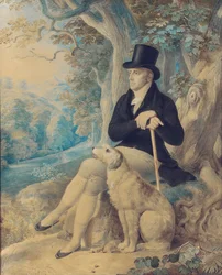 1861年にオックスフォードシャーのウットンパークにいる、チャールズリー、ウートンの学長、犬と一緒の全身像。