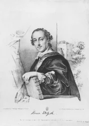 ホレスウォルポールの肖像（1717-97）オーフォード伯、G。マデリーによって彫刻された、1754年（彫刻）（bw写真）