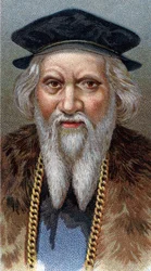 Sebastiano Caboto (Sebastien Cabot) (Sebastian) (1477-1557)の肖像 - シリーズ「男たちのリーダー」より - クロモリトグラフ - イギリス派、20世紀 - 。