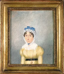 金色のロケットを持つ女性の肖像、1823年（紙にガッシュとトイレ）