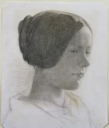 お団子の髪を持つ若い女性の肖像、c.1840（紙に色のチョーク）