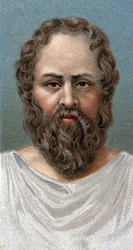 ギリシャの哲学者ソクラテス（紀元前469～399年）の肖像 ソクラテス - - シリーズ「人間の指導者たち」より - クロモリトグラフ - イギリスの学校、20世紀 - 。