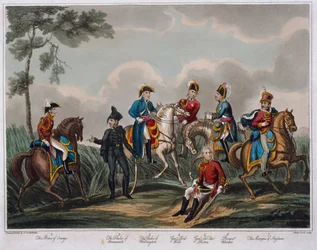 1817年にM.コルバーンによって発行された、ウォータールーの戦いの歴史的記述からの将校たちの肖像（アクアチント色）