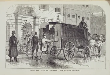 ロンドンの刑務所刑務所とヘンリーメイヒュー（1812-87）とジョンビニーによる刑務所の生活の場面から、拘置所で囚人を取り上げた刑務所ヴァン、1862年