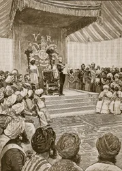 1877年のインドの女王としての女王の宣言、Cassells Illustrated History of England（sepia photo）のイラスト