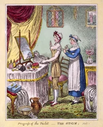 Progress of the Toilet-The Stays Plate 1、pub。 McCleary、ロンドン、1810年（手描きの彫刻）