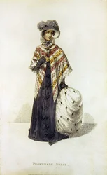 プロムナード・ドレス、「アッカーマンの芸術のリポジトリ」のファッション・プレート（カラー・エングレーヴィング）