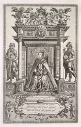 エリザベス女王1世（1533-1603年）、地理学と天文学の守護神、イングランドのサクソンマップの本の前編、1579年