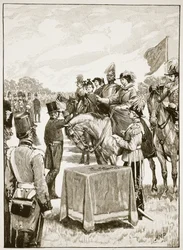 ビクトリアクロスの最初のプレゼンテーションでのビクトリア女王、Cassells Illustrated History of England（sepia photo）のイラスト