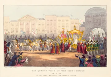 1837年にG.トレギアによって彫刻された、テンプルバーでロンドン市に入るビクトリア女王
