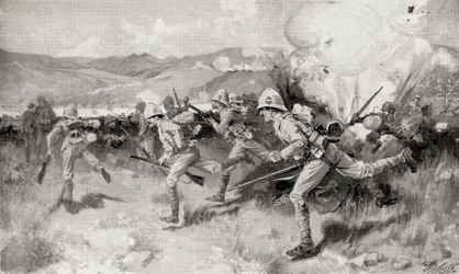 南アフリカ、ナタールのコレンソの戦いで中央攻撃を指揮するクイーンズ・ロイヤル・ウェスト・サリー連隊（ルイス・クレスウィック著『南アフリカとトランスヴァール戦争』より、1900年発行（リトグラフ）。