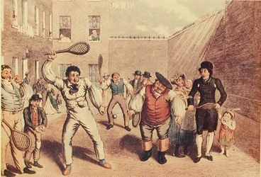 キングス・ベンチでのラケット、1807年頃に出版された「London Life」のイラスト（リトグラフ版）